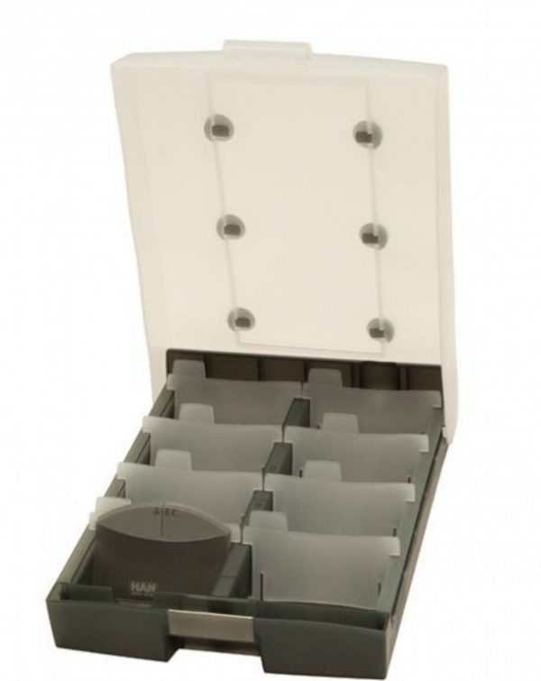 kunststof afsluitbare box met melkwit transparant deksel voor het opbergen van 500 plastic kaarten op creditcard formaat