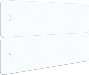 witte plastic card op bankpas formaat deelbaar in 2 labels voorzien van rond gat