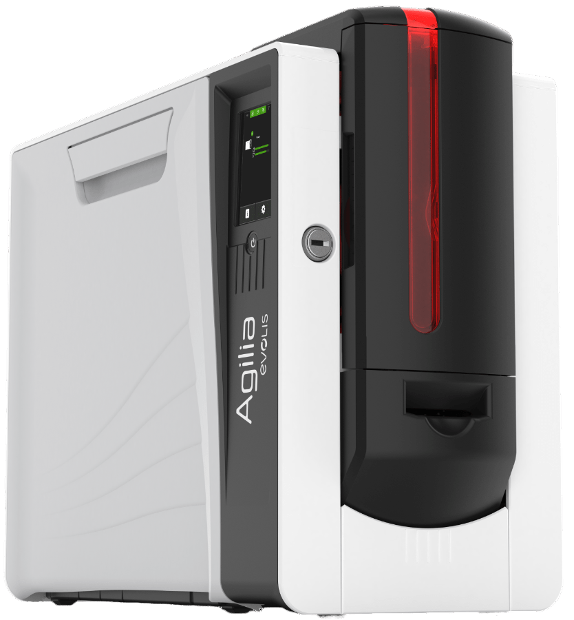 voor-zij aanzicht Evolis Agilia retransfer kaartprinter