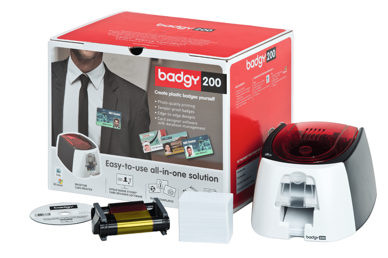 Evolis Badgy200 card printer doos met alle componenten