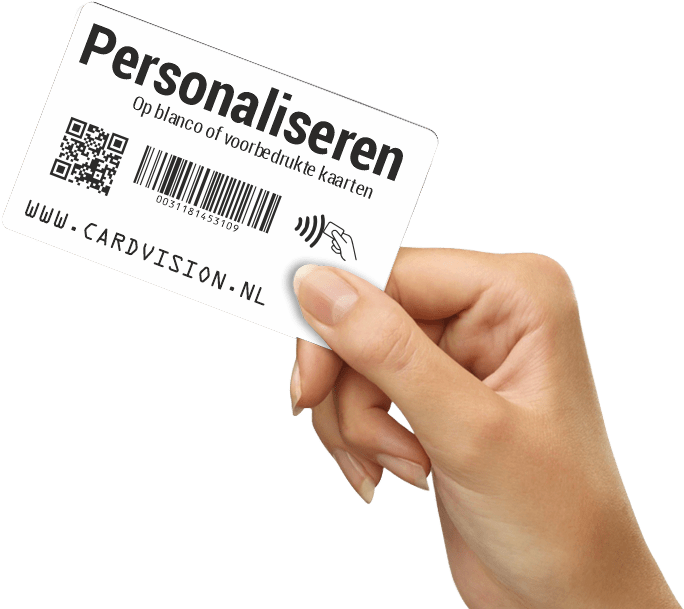 hand met gepersonaliseerde plastic card met RFiD, variabele teksten, barcode en QR code