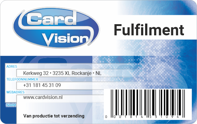 plastic kaart Card Vision voorbedrukt inclusief zwarte personalisatie met adres, telefoonnummer, webadres en barcode