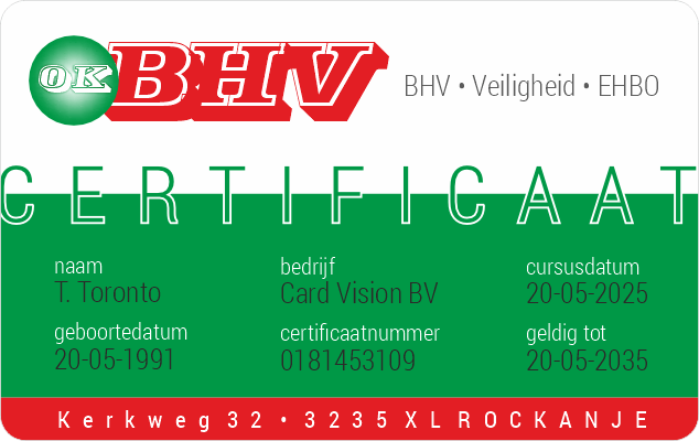 BHV cursus certificaat groen-wit-rood. Gepersonaliseerd in zwart met naam, bedrijfsnaam, geboortedatum, certificaatnummer en datum