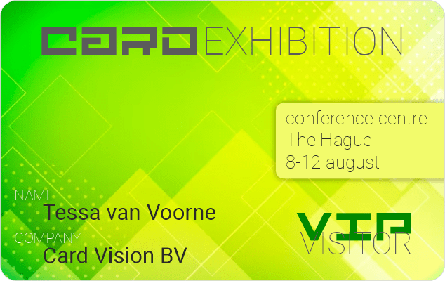 Groen gele VIP card Visitor voor expositie of beurs in conferentiecentrum, gepersonaliseerd met naam en bedrijfsnaam