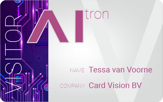 Ai Tron Visitor card paars-zilver gepersonaliseerd met naam en bedrijfsnaam