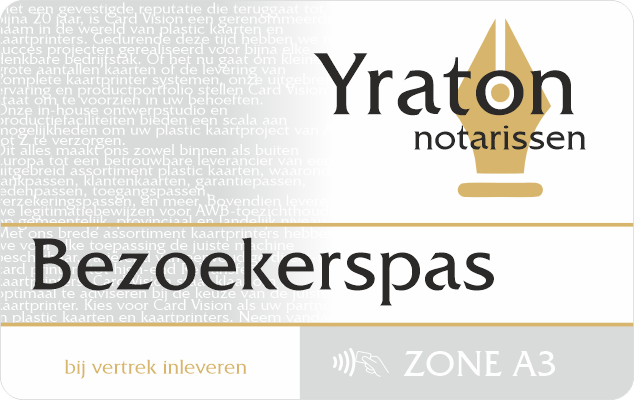 NFC bezoekerspas Yraton Notarissen met logo en achtergrond voor zone 3