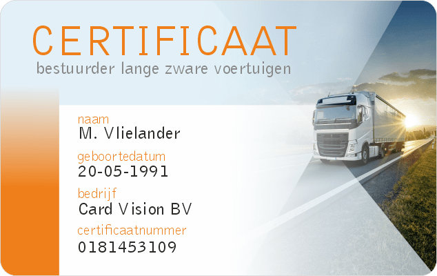 cursus certificaat vervoer en transport opleidingen, gepersonaliseerd met naam, geboortedatum, bedrijf en certificaatnummer