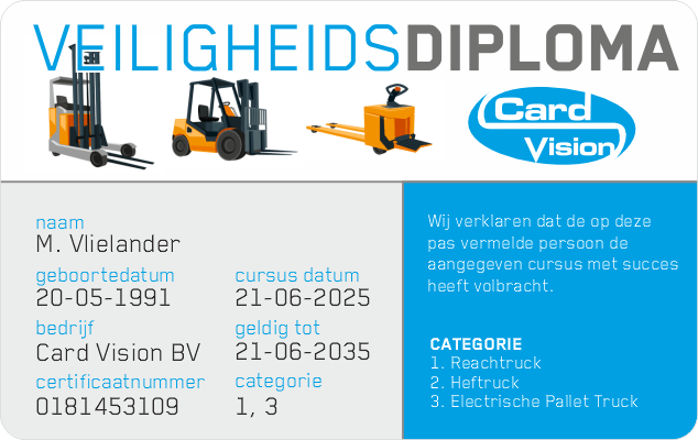 veiligheid diploma plastic card voor heftruck, reachtruck en pallet truck. gepersonaliseerd met variabele gegevens