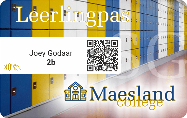 Maesland College RFiD NFC leerlingpas gepersonaliseerd met naam, klas en QR code voor blauwe, gele en witte lockers