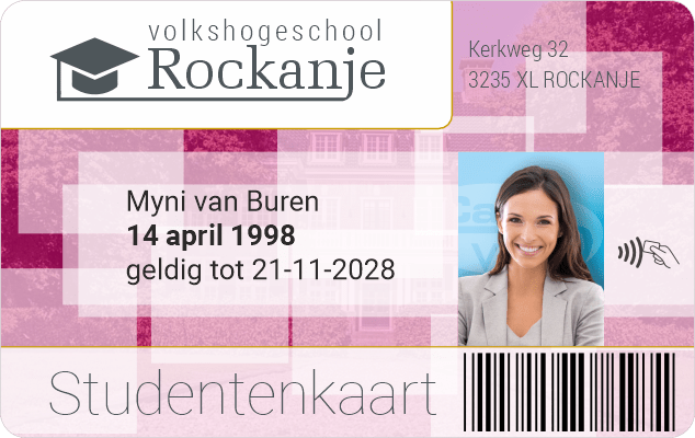 Volkshogeschool Rockanje paars-roze RFiD NFC studentenkaart met pasfoto, naam, geboortedatum, geldigheidsdatum en barcode