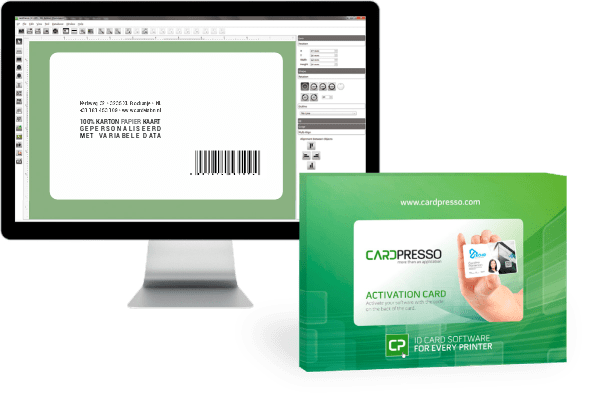 invoerscherm CardPresso plastic kaart software, met teksten en barcode