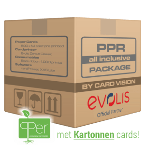 doos met alle benodigdheden voor het printen van kartonnen kaarten op bankpasformaat met Evolis Zenius kaartprinter