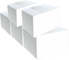 stapel van 5 pakjes van 100 witte blanco plastic cards op bankpas formaat